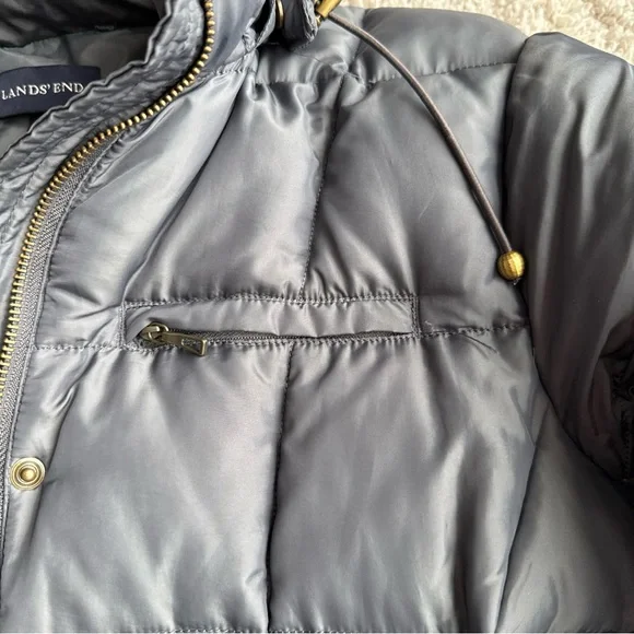 Lands’ End Gray/Blue Long Down Puffer Coat Hooded Winter Parka Women M 10-12 - Picture 9 of 11